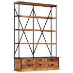 Bibliotecă 4 rafturi 6 sertare 122x36x181 cm lemn masiv mango
