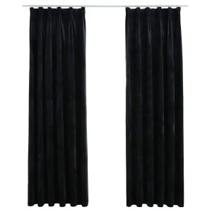 Draperii opace, 2 buc., negru, 140×225 cm, catifea, cu cârlige