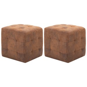 Taburet, 2 buc., maro, 30x30x30 cm, piele întoarsă ecologică