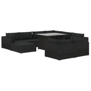 Set mobilier de grădină cu perne, 10 piese, negru, poliratan
