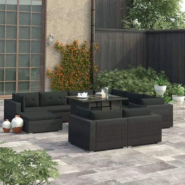Set mobilier de grădină cu perne, 10 piese, negru, poliratan