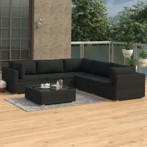 Set mobilier de grădină cu perne, 6 piese, negru, poliratan