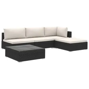 Set mobilier de grădină cu perne, 5 piese, negru, poliratan