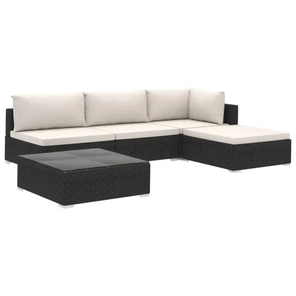 Set mobilier de grădină cu perne, 5 piese, negru, poliratan