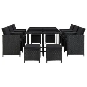Set mobilier de exterior cu perne, 11 piese, negru, poliratan