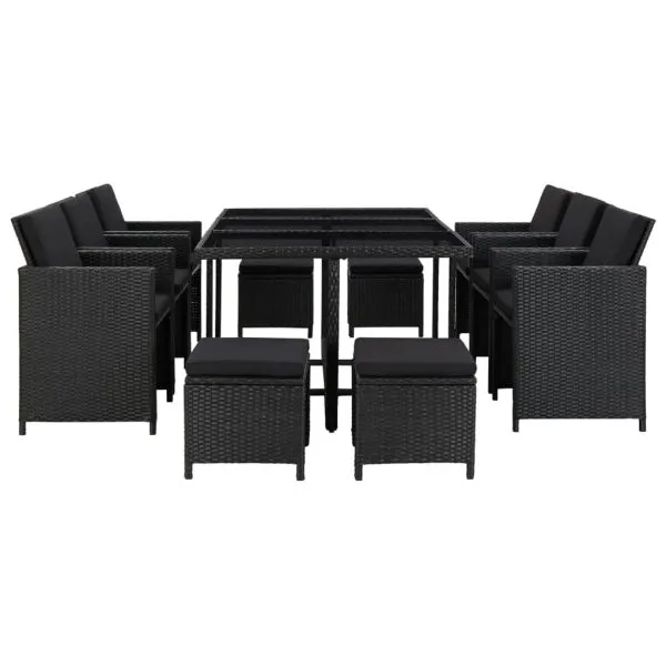 Set mobilier de exterior cu perne, 11 piese, negru, poliratan