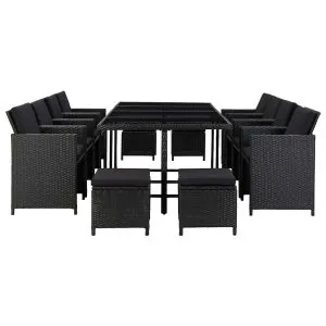 Set mobilier de exterior cu perne, 13 piese, negru, poliratan