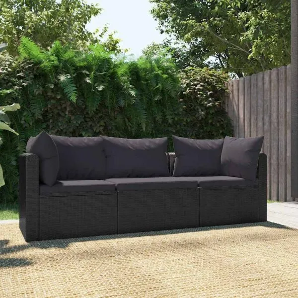 Set mobilier de grădină cu perne, 3 piese, negru, poliratan
