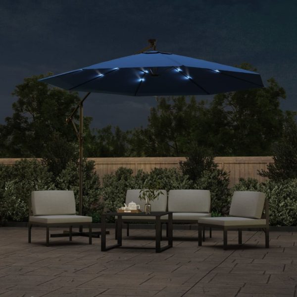 Umbrelă în consolă cu LED, stâlp din oțel albastru azur 300 cm