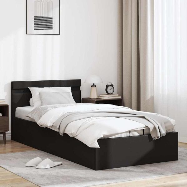Cadru pat hidraulic ladă & LED negru 100×200 cm piele ecologică
