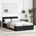Cadru pat hidraulic ladă, LED, negru 140×200 cm piele ecologică