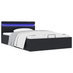 Cadru pat hidraulic ladă, LED, negru 140×200 cm piele ecologică