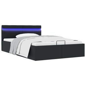 Cadru pat hidraulic ladă, LED, negru 140×200 cm piele ecologică