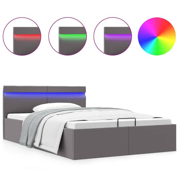 Cadru pat hidraulic ladă și LED gri 140×200 cm piele ecologică