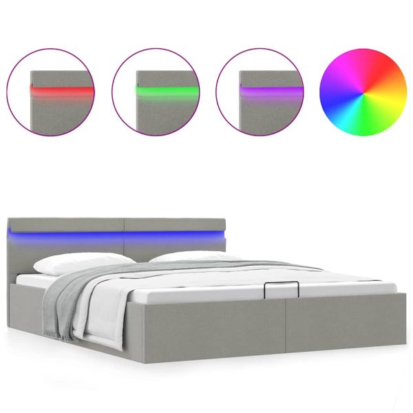 Cadru pat hidraulic cu ladă LED gri deschis 180×200 cm textil
