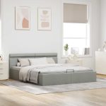 Cadru pat hidraulic cu ladă LED gri deschis 180×200 cm textil