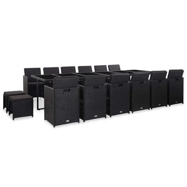Set mobilier de exterior cu perne, 17 piese, negru, poliratan