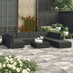 Set mobilier de grădină cu perne, 8 piese, negru, poliratan
