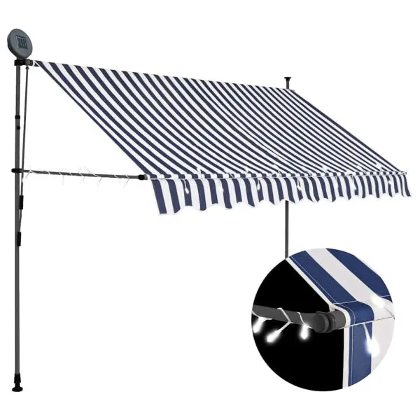 Copertină retractabilă manual cu LED, albastru & alb, 250 cm