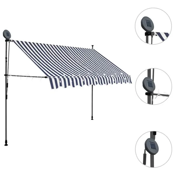 Copertină retractabilă manual cu LED, albastru & alb, 250 cm