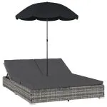 Pat șezlong de exterior cu umbrelă, gri, poliratan