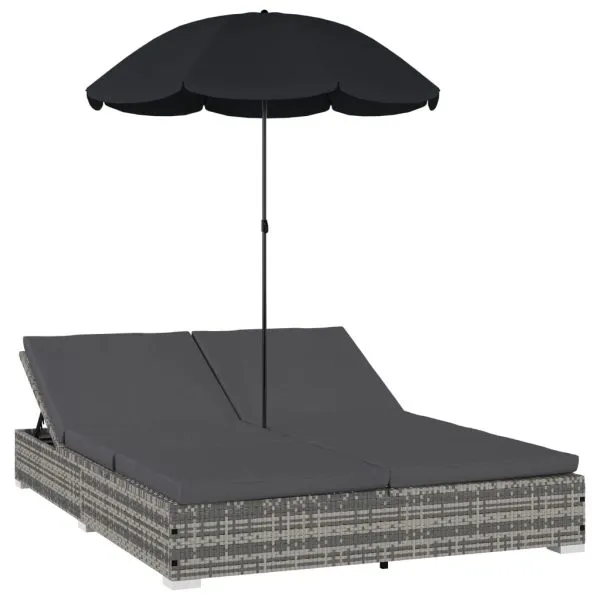 Pat șezlong de exterior cu umbrelă, gri, poliratan