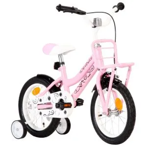 Bicicletă copii cu suport frontal, alb și roz, 14 inci