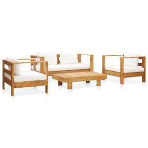 Set mobilier grădină cu perne crem, 4 piese, lemn masiv acacia