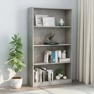 Bibliotecă cu 4 rafturi gri beton, 80x24x142 cm, lemn prelucrat