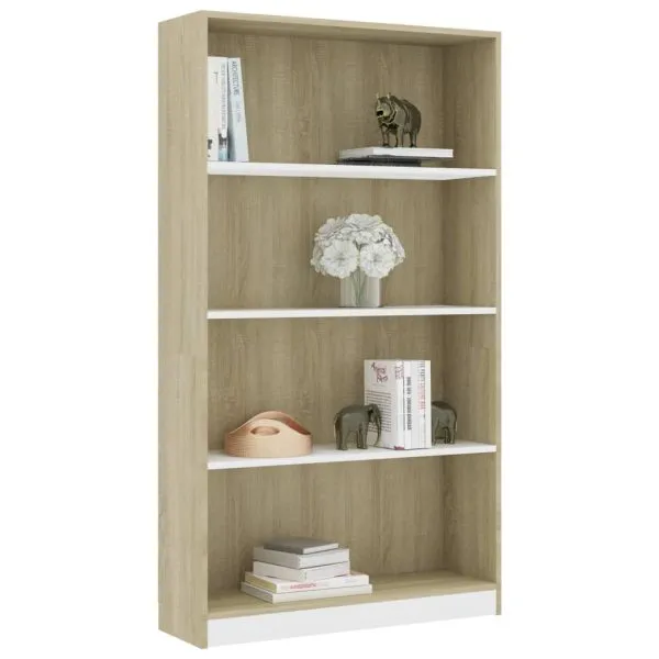 Bibliotecă cu 4 rafturi, alb & stejar sonoma, 80x24x142 cm, PAL