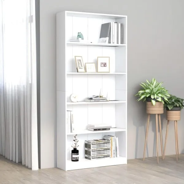 Bibliotecă cu 5 rafturi, alb, 80x24x175 cm, lemn prelucrat