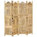Paravan cameră sculptat manual 4 panouri 160×165 cm mango