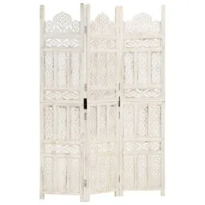 Paravan cameră sculptat manual 3 panouri alb 120×165 cm mango