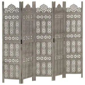 Paravan cameră sculptat manual 5 panouri gri 200×165 cm mango