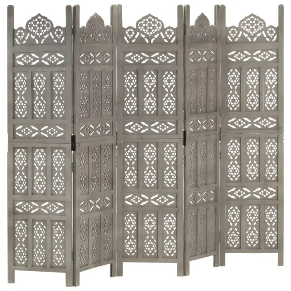 Paravan cameră sculptat manual 5 panouri gri 200×165 cm mango