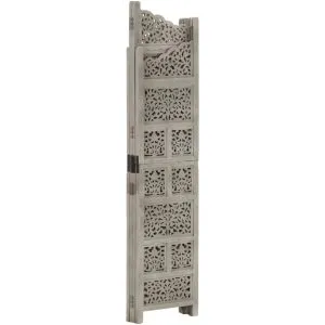 Paravan cameră sculptat manual 4 panouri gri 160×165 cm mango