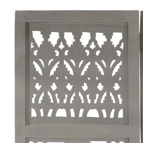 Paravan cameră sculptat manual 3 panouri gri 120×165 cm mango