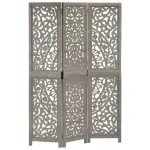 Paravan cameră sculptat manual 3 panouri gri 120×165 cm mango