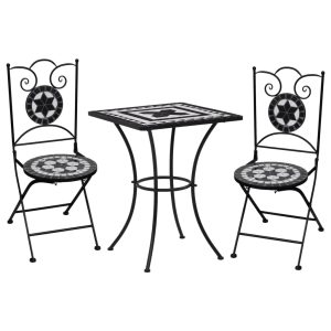 Set de bistro mozaic, 3 piese, negru & alb, placă ceramică