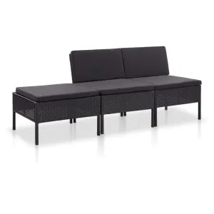 Set mobilier de grădină cu perne, 3 piese, negru, poliratan