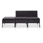 Set mobilier de grădină cu perne, 3 piese, negru, poliratan