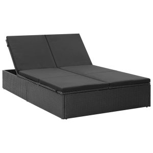 Șezlong dublu cu pernă, negru, poliratan