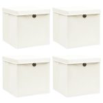 Cutii depozitare cu capace 4 buc. alb, 32x32x32 cm, textil