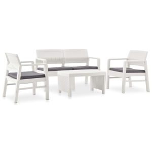Set mobilier de grădină cu perne, 4 piese, alb, plastic