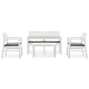 Set mobilier de grădină cu perne, 4 piese, alb, plastic