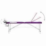 Masă pliabilă de masaj, 3 zone, alb și violet, aluminiu