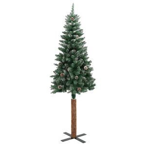 Pom Crăciun artificial subțire, lemn și zăpadă, verde, 180 cm