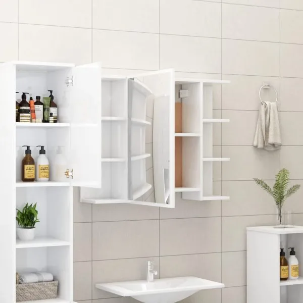Dulap cu oglindă baie alb lucios 80×20,5×64 cm lemn prelucrat