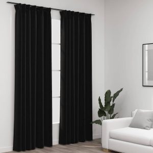 Draperii opace aspect in, cârlige, 2 buc., antracit, 140×225 cm