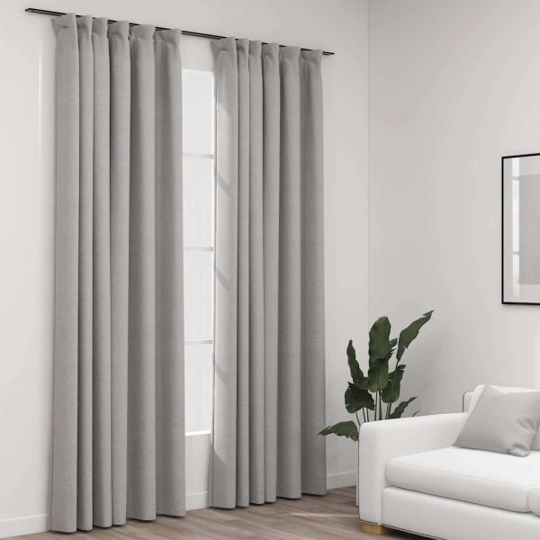 Perdele opace aspect pânză, cârlige, 2 buc. gri, 140×225 cm
